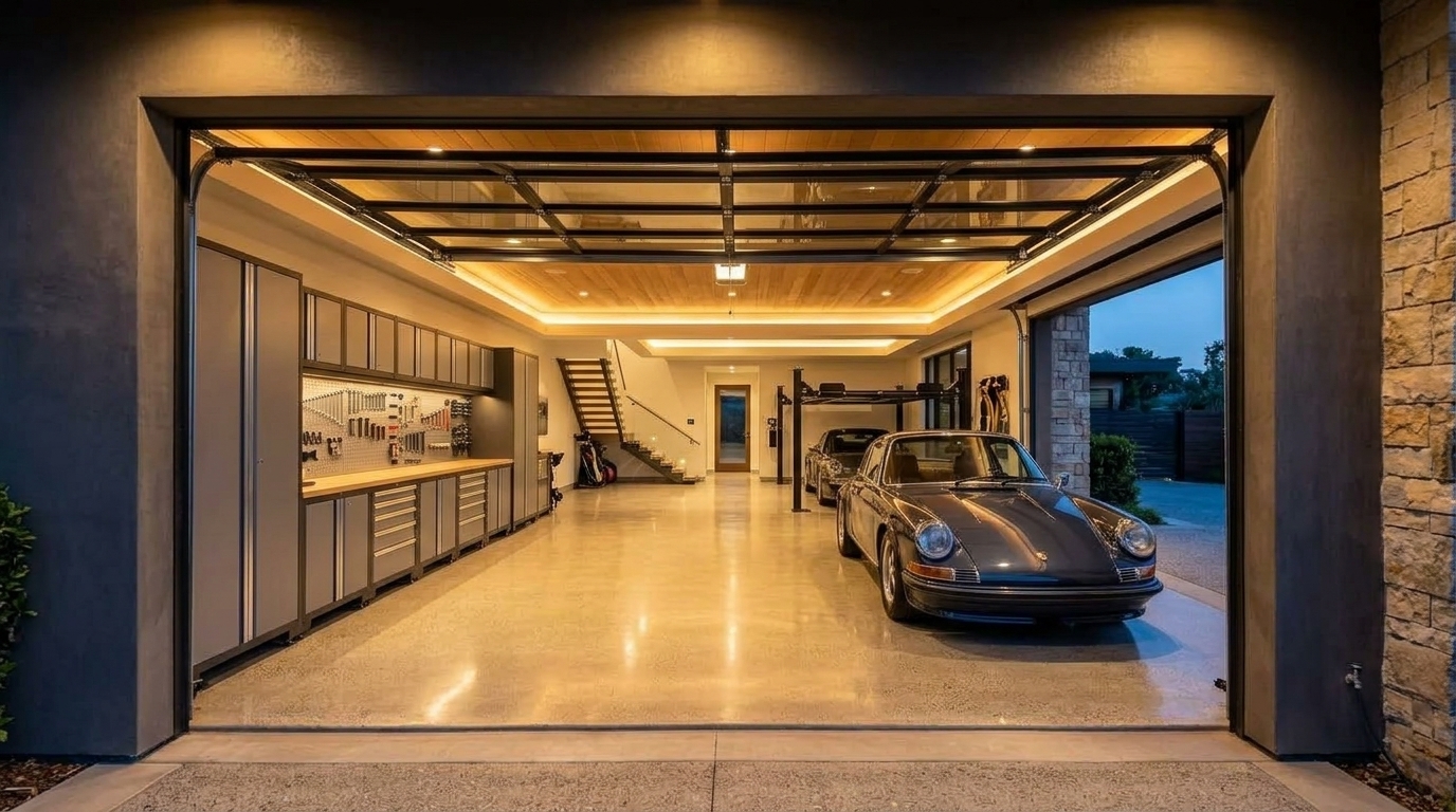 Sacramento Garage Door Repair Interior View of Custom Garage Door Overhead and Workshop